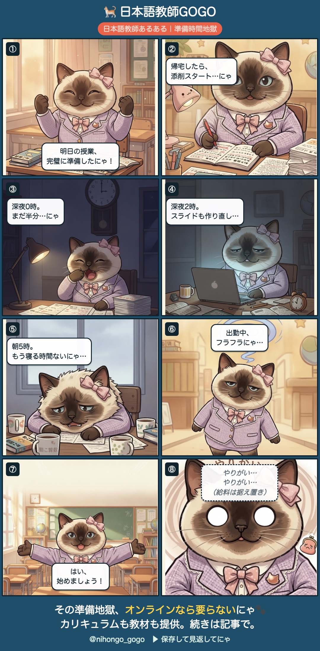 8コマ漫画:日本語教師の準備時間地獄(添削・スライド作り直し・徹夜)→オンラインなら通勤ゼロ・集客不要・カリキュラム提供で身軽