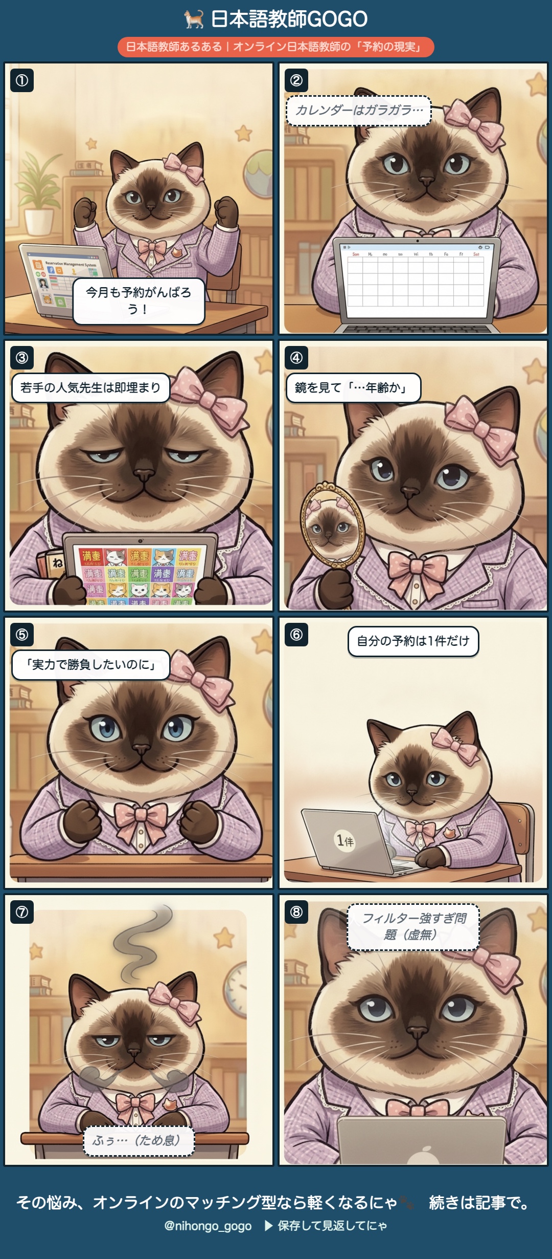 8コマ漫画|オンライン日本語教師の「予約の現実」|集客に消耗しない働き方【2026】